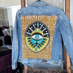 Lucky Brand Blue Jean Jacket with Gold and Blue Design